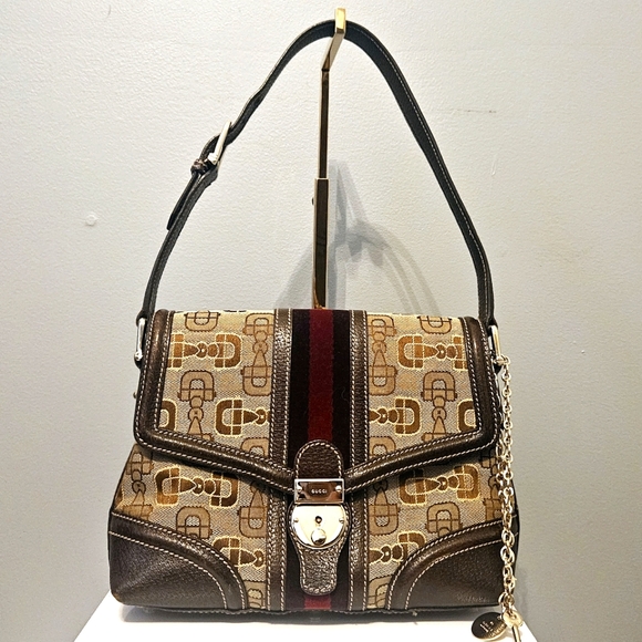 Gucci Horsebit Shoulder Bag Purse Lock Key Brown Cloth & Leather Vintage - Picture 1 of 15